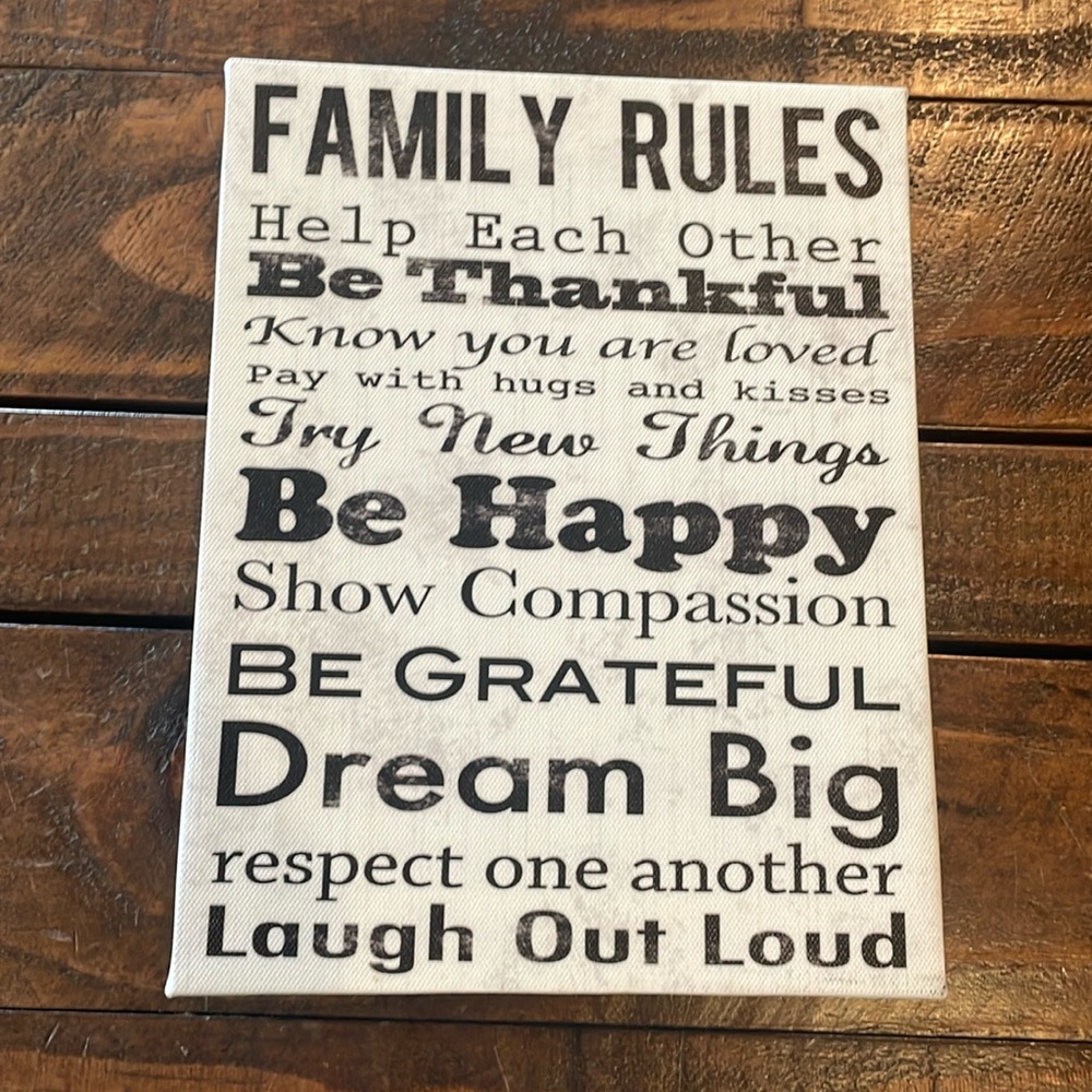 Family Rules Canvas Wall Art - Black and White